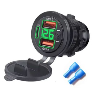 USB+USB+USB-c lader 29mm rond met voltmeter USB+USB+USB-c lader 29mm rond met voltmeter