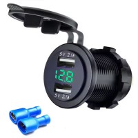Dubbele USB lader 29mm rond met voltmeter 