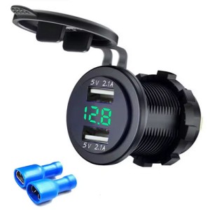 Dubbele USB lader 29mm rond met voltmeter